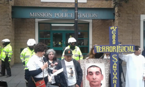 Activist Adriana Camarena and the family of Luis Gongora speak outside Mission Police Station. Photo credit: Erika Hidalgo