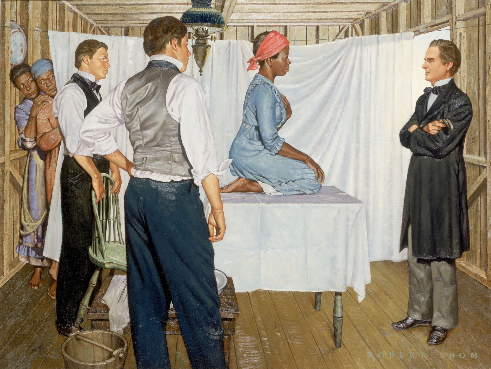 Illustration of Dr. J. Marion Sims with Anarcha by Robert Thom. Courtesy of Southern Illinois University School of Medicine, Pearson Museum.