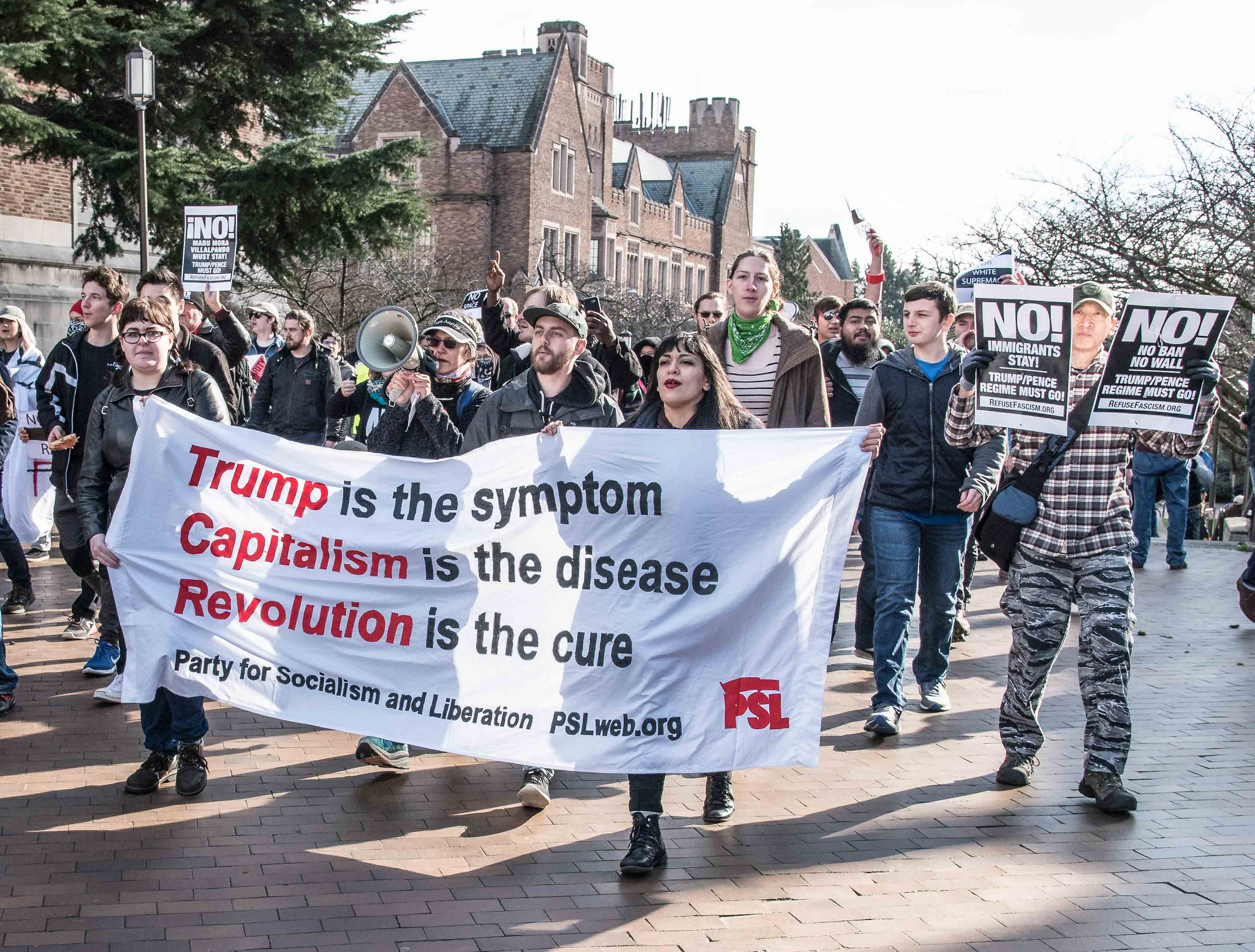 PSL marches to Red Square at University of Washington to protest Patriot Prayer, Feb. 10. Credit: Elliot Stoller, used with permission.