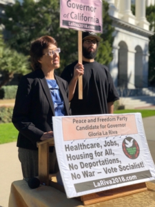 Gloria La Riva, Peace and Freedom Party candidate for Governor, Feb. 15, State Capitol, Sacramento. Photo: Liberation News. 