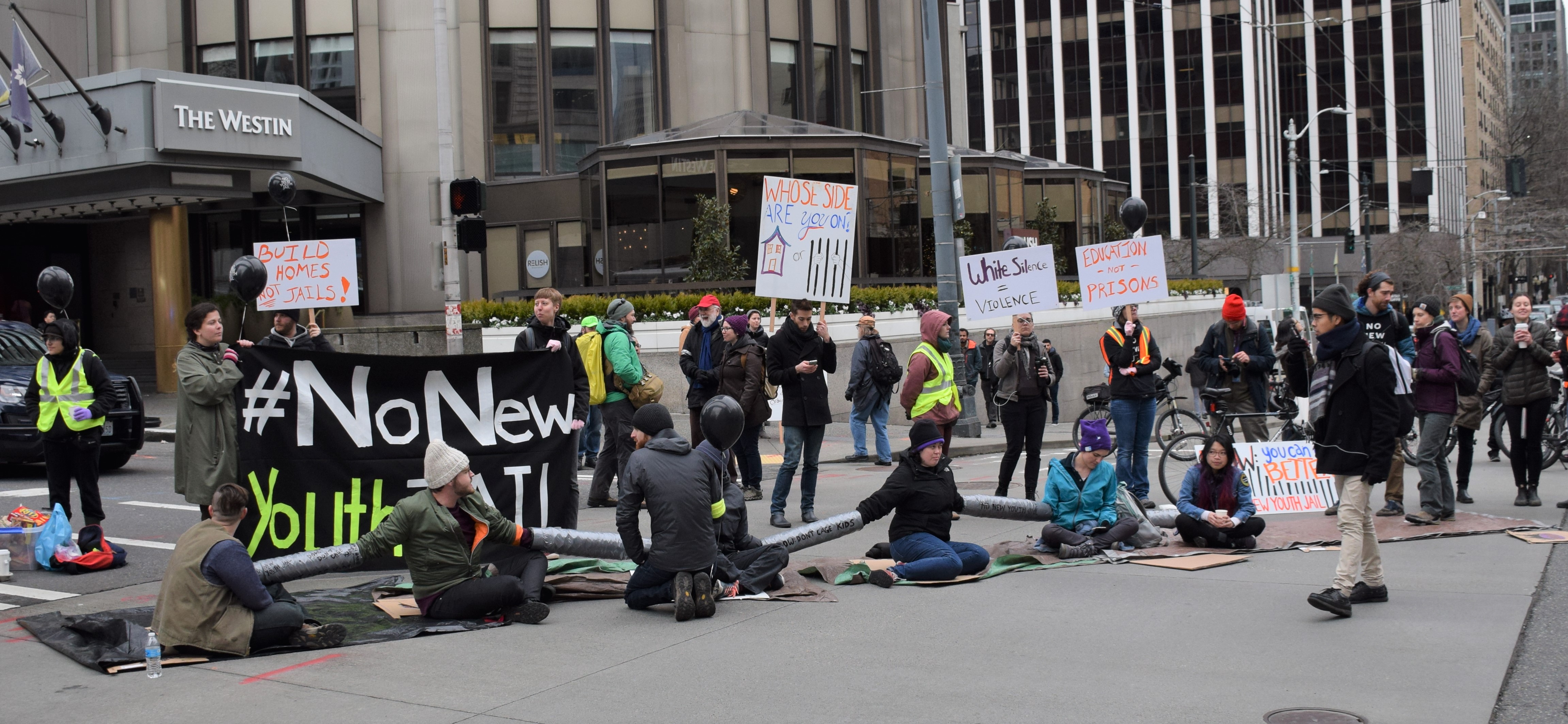 Protesters occupying the intersection outside the Westin Hotel in Seattle, WA. Liberation photo: Lee Hessler