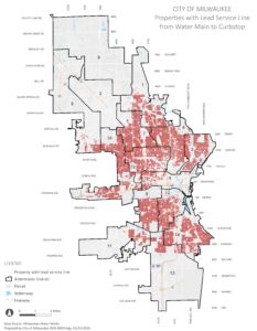 Map showing distribution of lead service lines in Milwaukee