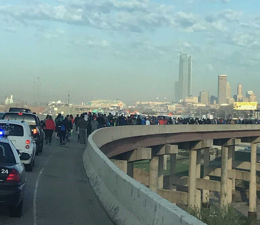 April 9: OK teachers march on freeway to the Capitol. Photo: Del City Fire Department