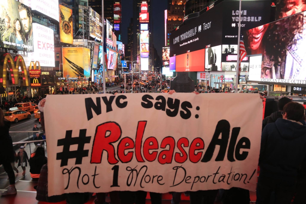 New York City banner drop at Times Square. Photo: Oscar Diaz.