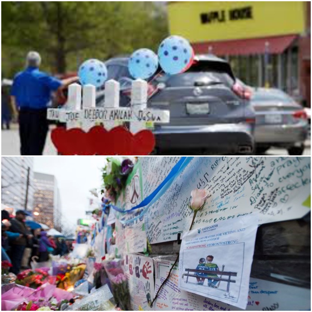 Memorials for victims at the Waffle House near Nashville, Tennessee, and on Yonge Street in Toronto, Ontario.