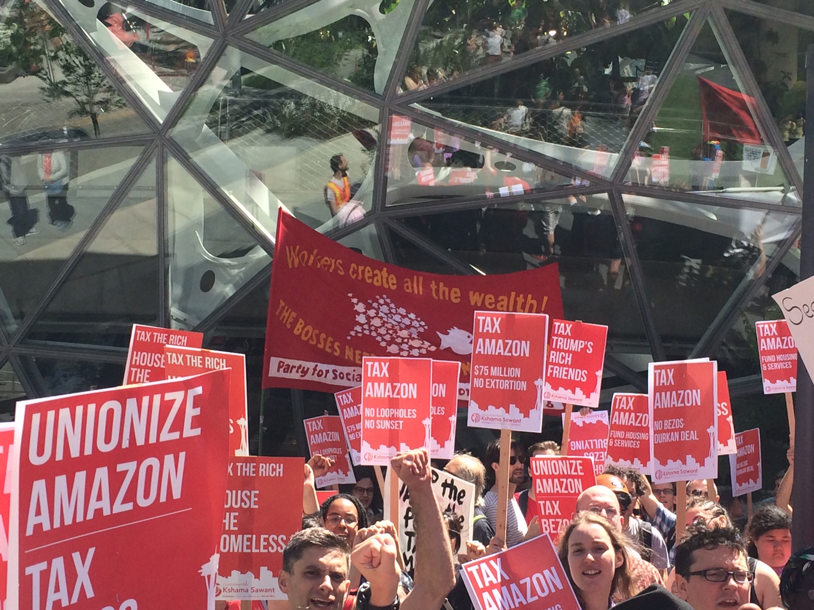 "Tax Amazon" march, Seattle, May 12. Marchers outside Amazon's headquarters in South Lake Union. Liberation Photo.