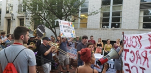 Cosecha activists disrupt Northeastern University student orientation. Photo credit: Nino Brown