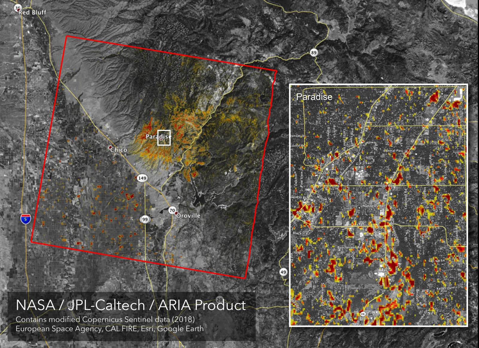 NASA map of damage to Paradise, California, from the Camp Fire, the deadliest wildfire in the state's history. Image credit: NASA/JPL-Caltech