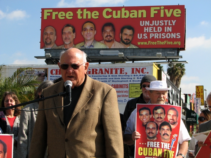 Blase Bonpane at the unveiling of the Cuban Five billboard in Hollywood, CA. Liberation photo: Gloria La Riva