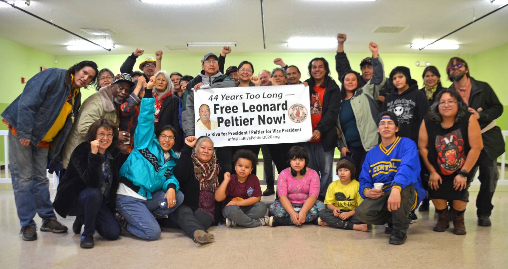 Native community activists and families show their support for Leonard Peltier, Rapid City, SD. Liberation photo.