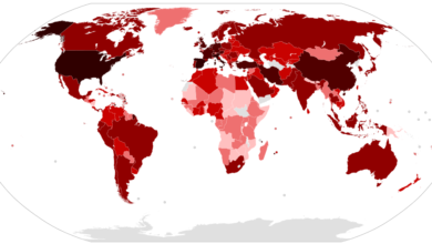 Casos confirmados de coronavirus al 29 de marzo. El rojo más oscuro significa más de 100,000 casos confirmados. Foto: Wikimedia Commons