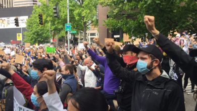 Healthcare workers in Seattle rally for Black Lives, June 6. Liberation photo.