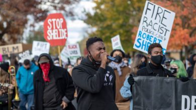 Detroit Will Breathe and SHIFT demonstration demanding the firing of racist Shelby Township, Michigan, police chief. Photo credit Marc Klockow.