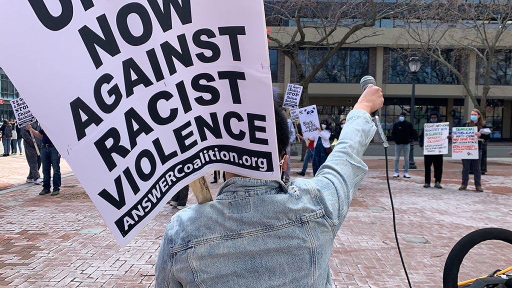 Rae Jereza speaking out in New Haven, Connecticut. Liberation photo. 