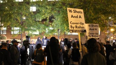 Protesters gather in downtown Chicago Oct. 20, on the day of Emanuel's hearing for ambassador to Japan and exactly seven years after the police murder of Laquan McDonald. Liberation photo