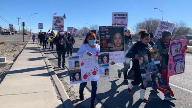 Family members of MMIWR march at the Jan. 29 protest in Shiprock. Liberation Photo.