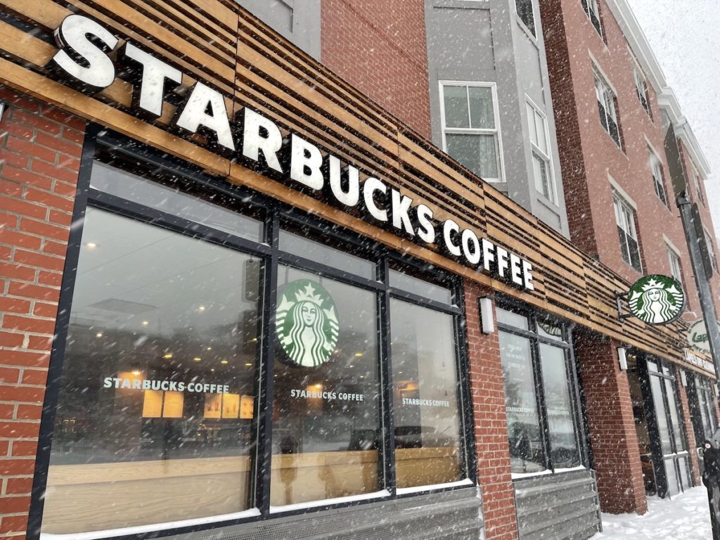 A Starbucks in the Boston area during a snow storm.