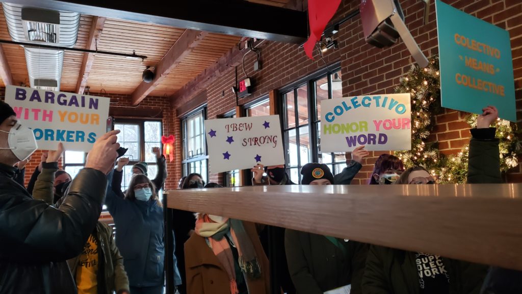 Workers and the community show support for Colectivo Coffee's new union. Liberation photo.