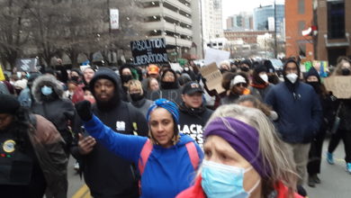 Crowds march through Grand Rapids, Michigan, on April 16 to protest the police killing of Patrick Lyoya. Liberation photo