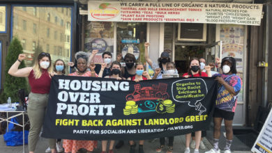 Brooklyn tenants at the speakout. Liberation photo.