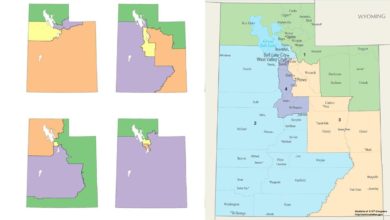 Despite various proposed congressional redistricting maps (left), the state of Utah chose a map that split the more progressive city of Salt Lake into four and connected it with rural, right wing areas of the state. Liberation graphic
