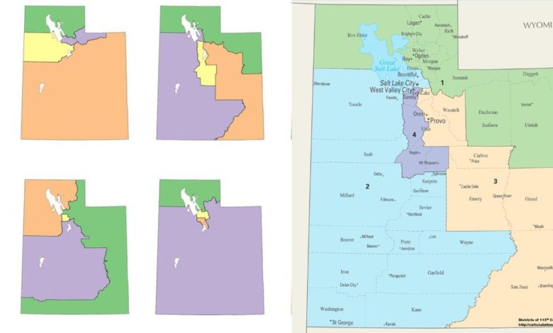 Despite various proposed congressional redistricting maps (left), the state of Utah chose a map that split the more progressive city of Salt Lake into four and connected it with rural, right wing areas of the state. Liberation graphic
