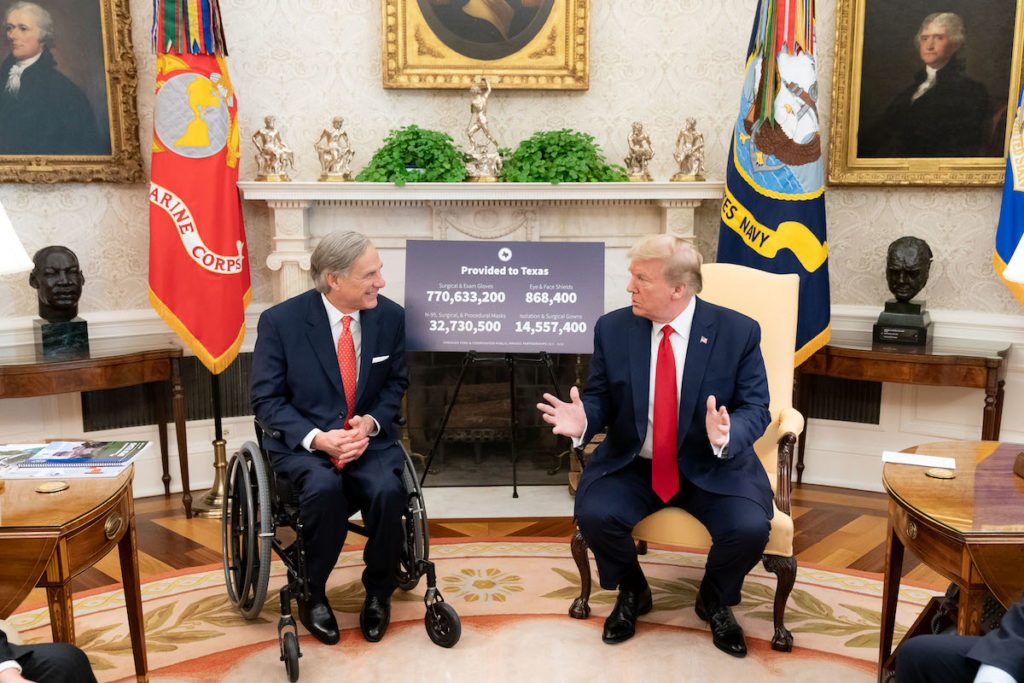 President Donald J. Trump, joined by Vice President Mike Pence and members of the White House Coronavirus Task Force, meets with Texas Gov. Greg Abbott Thursday, May 7, 2020, in the Oval Office of the White House.(Official White House Photo by Tia Dufour) creative commons license 1.0