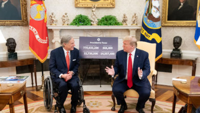 President Donald J. Trump, joined by Vice President Mike Pence and members of the White House Coronavirus Task Force, meets with Texas Gov. Greg Abbott Thursday, May 7, 2020, in the Oval Office of the White House.(Official White House Photo by Tia Dufour) creative commons license 1.0
