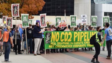 Feature photo: Several hundred protesters mobilized at Cowles Commons before marching to the National Carbon Capture Expo & Conference on Nov. 9. Photo credit: Buffalo Rebellion