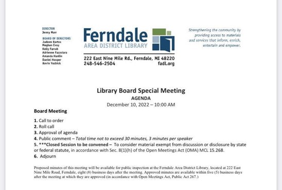 Agenda of the Library Board Special Meeting, a publicly posted government document.