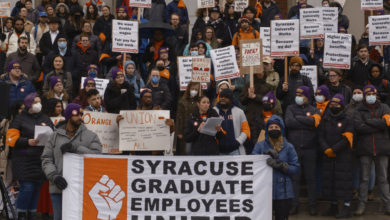 Syracuse Graduate Employees United rally on campus to form a union.